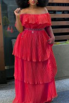 Red Casual Solid Patchwork Off the Shoulder Pleated Dresses (Without Belt)