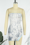 White Sexy Print Backless Slit Strapless Sleeveless Dress Dresses