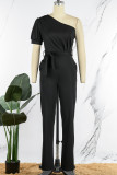 Pink Casual Solid Backless Oblique Collar Regular Jumpsuits