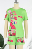Fluorescent Color Casual Street Print Patchwork O Neck Short Sleeve Two Pieces