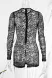 Black Sexy Solid Hollowed Out O Neck Skinny Romper