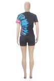 Blue Black Casual Print Basic O Neck Short Sleeve Two Pieces