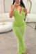 Fluorescent Green Sexy Solid Hollowed Out See-through Backless Halter Long Dress Dresses