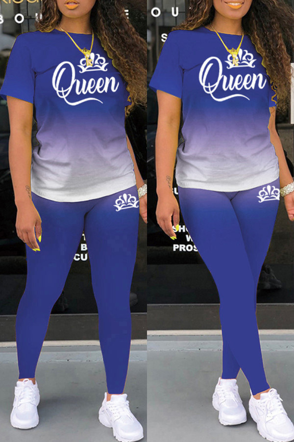 Royal Blue Casual Gradual Change Letter Print Basic O Neck Short Sleeve Two Pieces