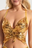 Gold Sexy Patchwork Sequins Backless Spaghetti Strap Tops
