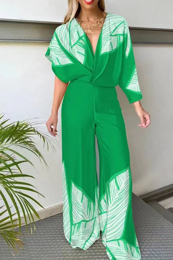 Green Casual Print Patchwork Asymmetrical V Neck Straight Jumpsuits