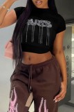 Black Casual Letter Hot Drilling Patchwork O Neck T-Shirts