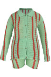 Light Green Fashion Casual Solid Patchwork Turndown Collar Long Sleeve Two Pieces