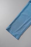 Blue Casual Solid Basic O Neck Short Sleeve Two Pieces