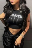 Black Casual Letter Hot Drilling Patchwork O Neck T-Shirts