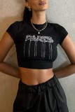 Black Casual Letter Hot Drilling Patchwork O Neck T-Shirts