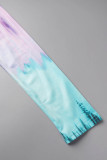 Light Blue Sexy Print Hollowed Out Patchwork Slit Oblique Collar Straight Dresses