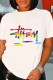 White Casual Print Letter O Neck T-Shirts