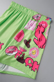 Fluorescent Color Casual Street Print Patchwork O Neck Short Sleeve Two Pieces