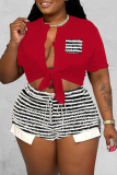 Orange Sexy Striped Patchwork V Neck Short Sleeve Two Pieces