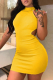 Yellow Sexy Solid Backless Halter Pencil Skirt Dresses