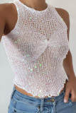 White Sexy Solid Hollowed Out Sequins Patchwork O Neck Tops