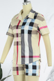 Khaki Casual Print Patchwork Buckle Turndown Collar Short Sleeve Two Pieces