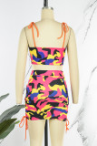 Colour Sexy Print Camouflage Print Bandage Patchwork Spaghetti Strap Two Pieces