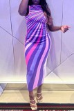 Purple Casual Print Backless O Neck Long Dress Dresses