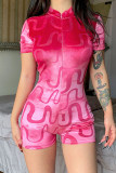 Red Casual Street Solid Patchwork Zipper Collar Skinny Rompers