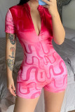 Red Casual Street Solid Patchwork Zipper Collar Skinny Rompers