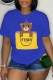 Blue Casual Print Letter O Neck T-Shirts