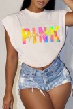 Pink Casual Street Print Letter O Neck T-Shirts