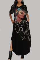 Black Casual Street Print Patchwork V Neck Straight Dresses