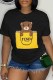 Black Casual Print Letter O Neck T-Shirts