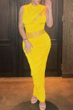 Yellow Sexy Solid Patchwork Fold O Neck Pencil Skirt Dresses