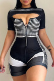 Black Sexy Print Hollowed Out Patchwork Zipper O Neck Skinny Rompers