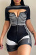 Black Sexy Print Hollowed Out Patchwork Zipper O Neck Skinny Rompers