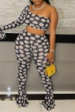 Black Sexy Casual Print Backless Oblique Collar Long Sleeve Three Piece Set (With Headscarf)