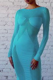 Blue Sexy Solid Patchwork O Neck Long Sleeve Dresses