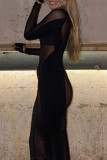 Blue Sexy Solid Patchwork O Neck Long Sleeve Dresses