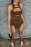 Brownness Sexy Solid Hollowed Out Patchwork O Neck Sleeveless Two Pieces
