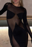 Blue Sexy Solid Patchwork O Neck Long Sleeve Dresses