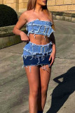 Blue Sexy Street Solid Make Old Patchwork Strapless Sleeveless Two Pieces