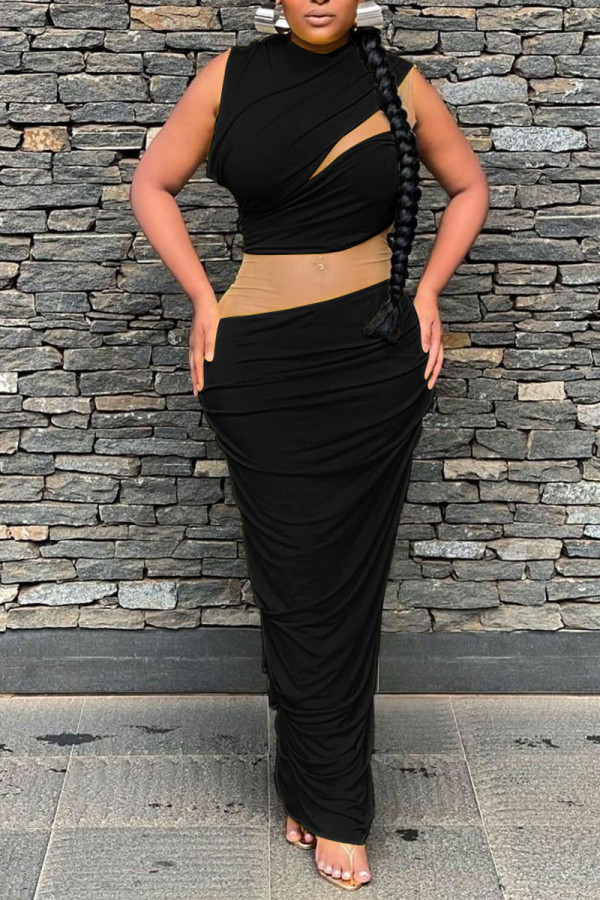 Black Sexy Solid Patchwork Fold O Neck Pencil Skirt Dresses