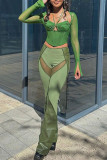 Green Sexy Street Solid Patchwork See-through Mid Waist Speaker Patchwork Bottoms