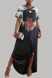 Black Casual Street Print Patchwork V Neck Straight Dresses