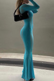 Blue Sexy Solid Patchwork O Neck Long Sleeve Dresses