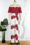 Red Casual Print Patchwork Off the Shoulder Straight Jumpsuits