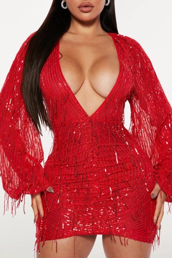 Red Casual Patchwork Tassel Sequins V Neck Long Sleeve Dresses