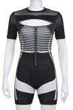 Black Sexy Print Hollowed Out Patchwork Zipper O Neck Skinny Rompers