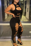 Brownness Sexy Solid Hollowed Out Patchwork O Neck Sleeveless Two Pieces
