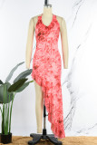 Red Sexy Print Patchwork Stringy Selvedge Halter One Step Skirt Dresses