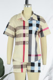 Khaki Casual Print Patchwork Buckle Turndown Collar Short Sleeve Two Pieces