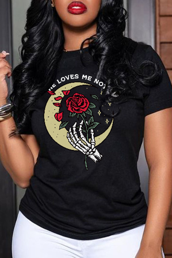 Black Casual Street Print Skull Letter O Neck T-Shirts